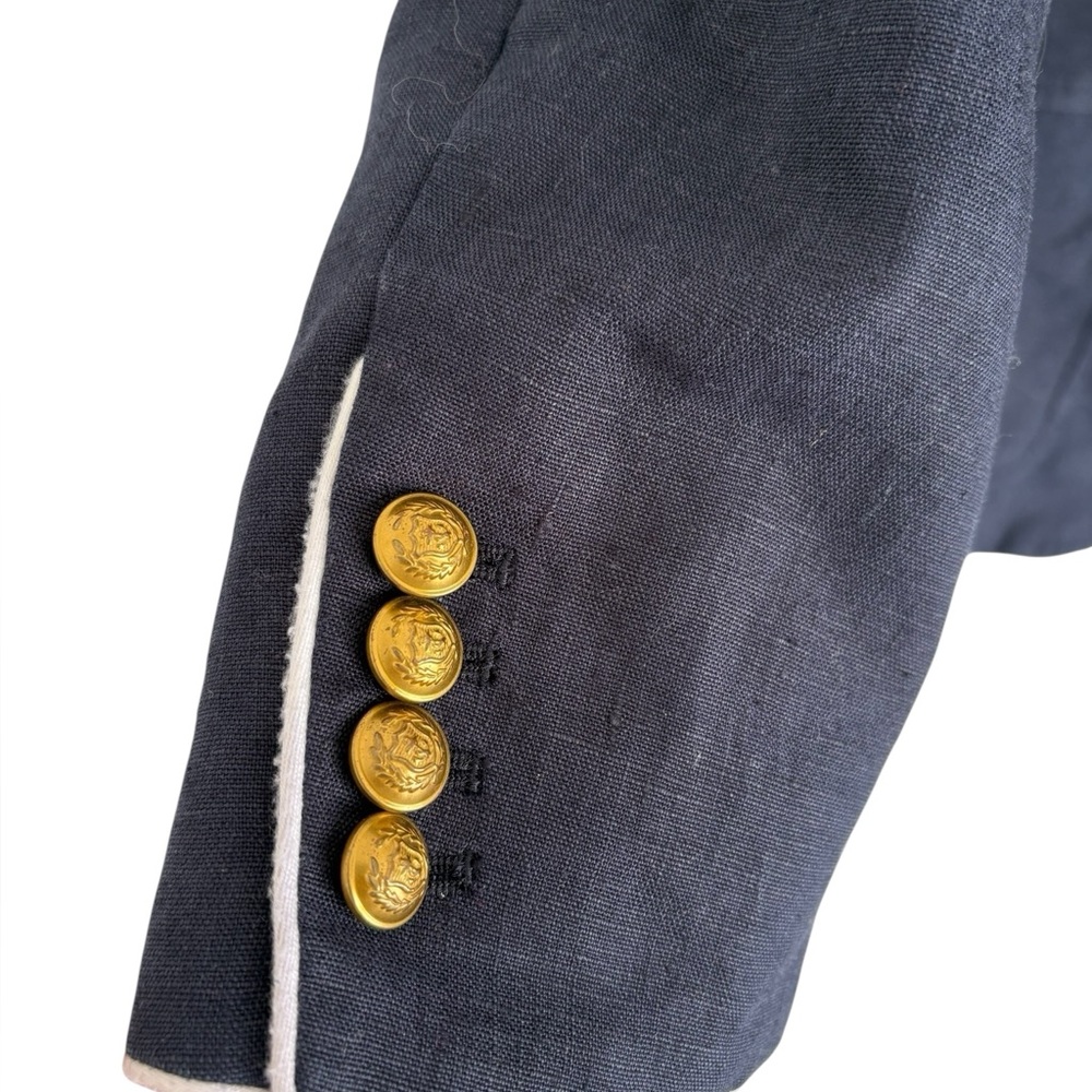 J. Crew Dark Blue linen Blazer with white piping and Gold button Accents - Picture 8 of 9